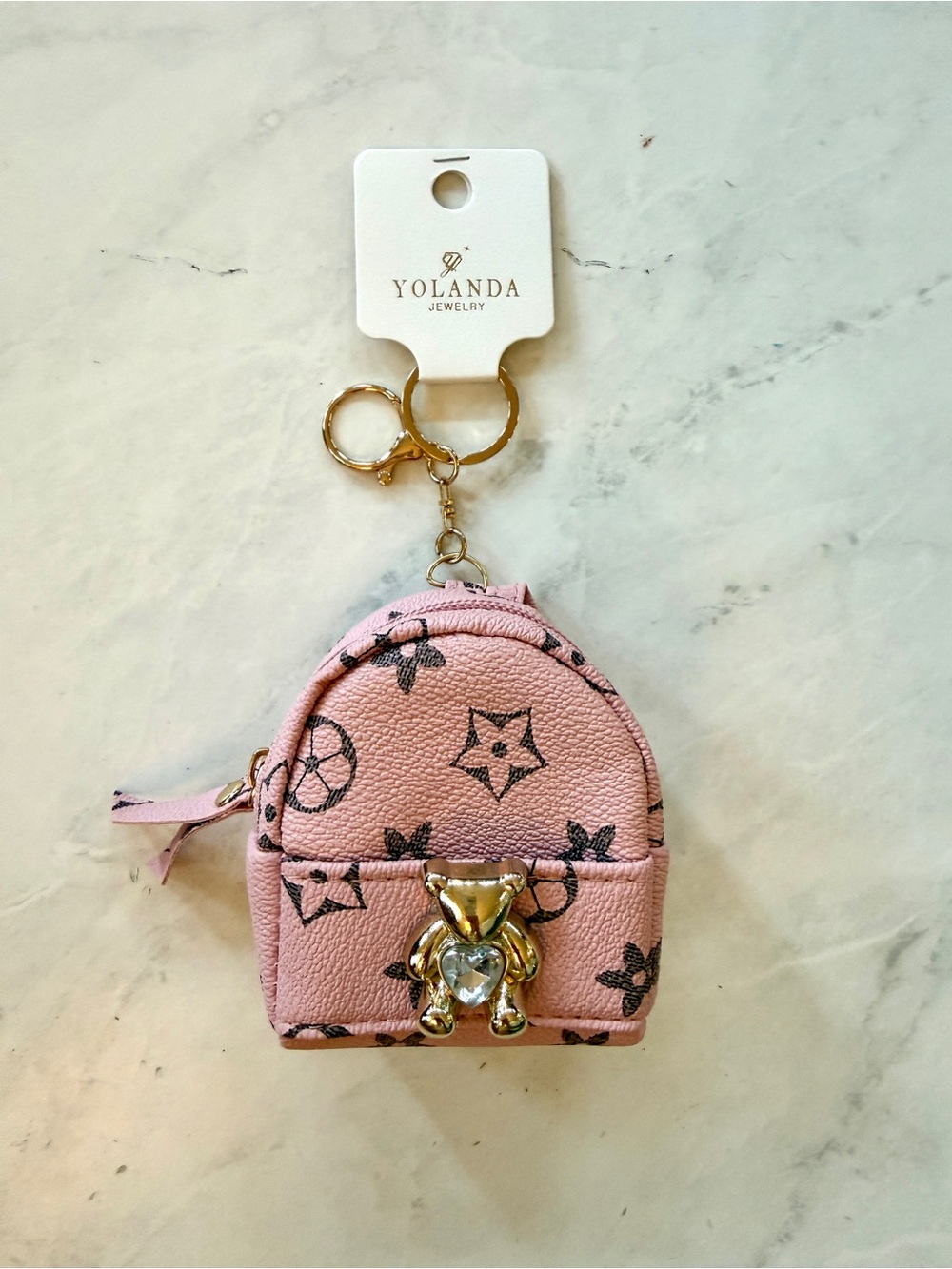 NWT Yolanda Jewelry Pink Monogram Mini Backpack Keychain / Coin Purse